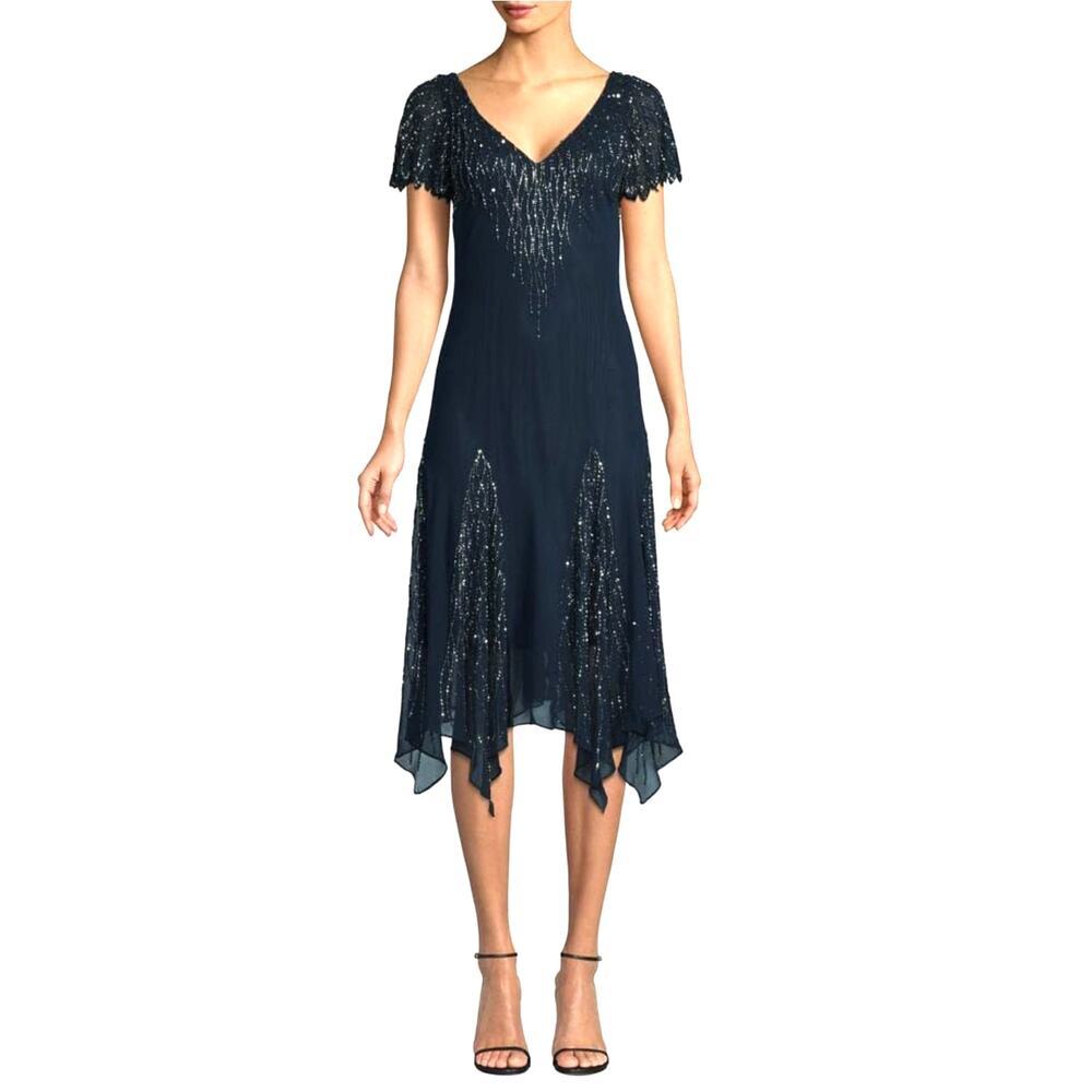 J Kara Navy Blue Beaded Flutter Sleeve & Handkerchief Formal Dress, size Small